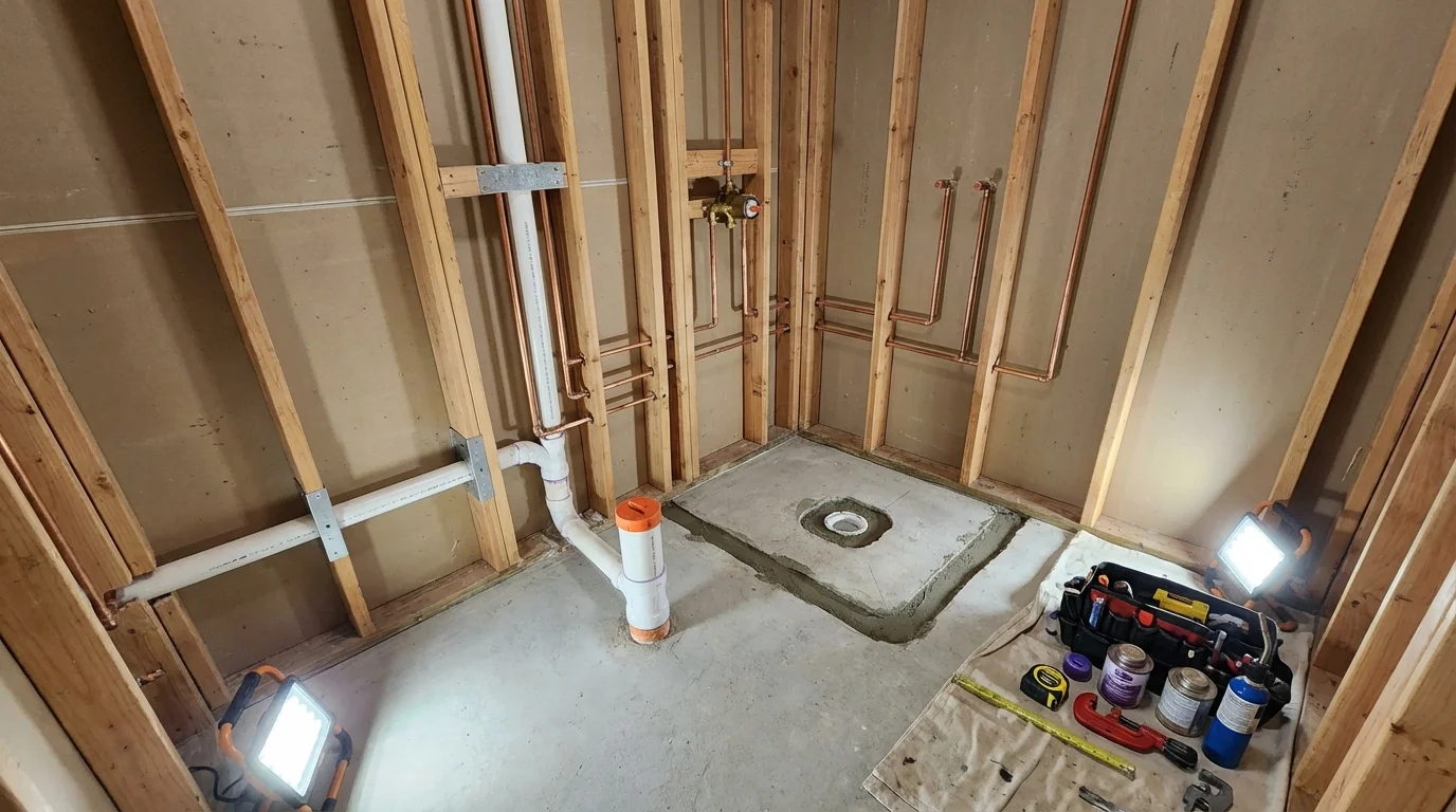Bathroom rough-in plumbing during remodel by Johns Plumbing LLC in Bloomfield
