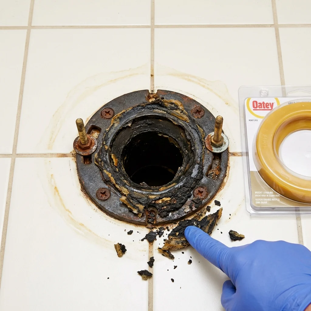 Failed wax ring showing water seepage at the base of a toilet in a Bloomfield, KY home