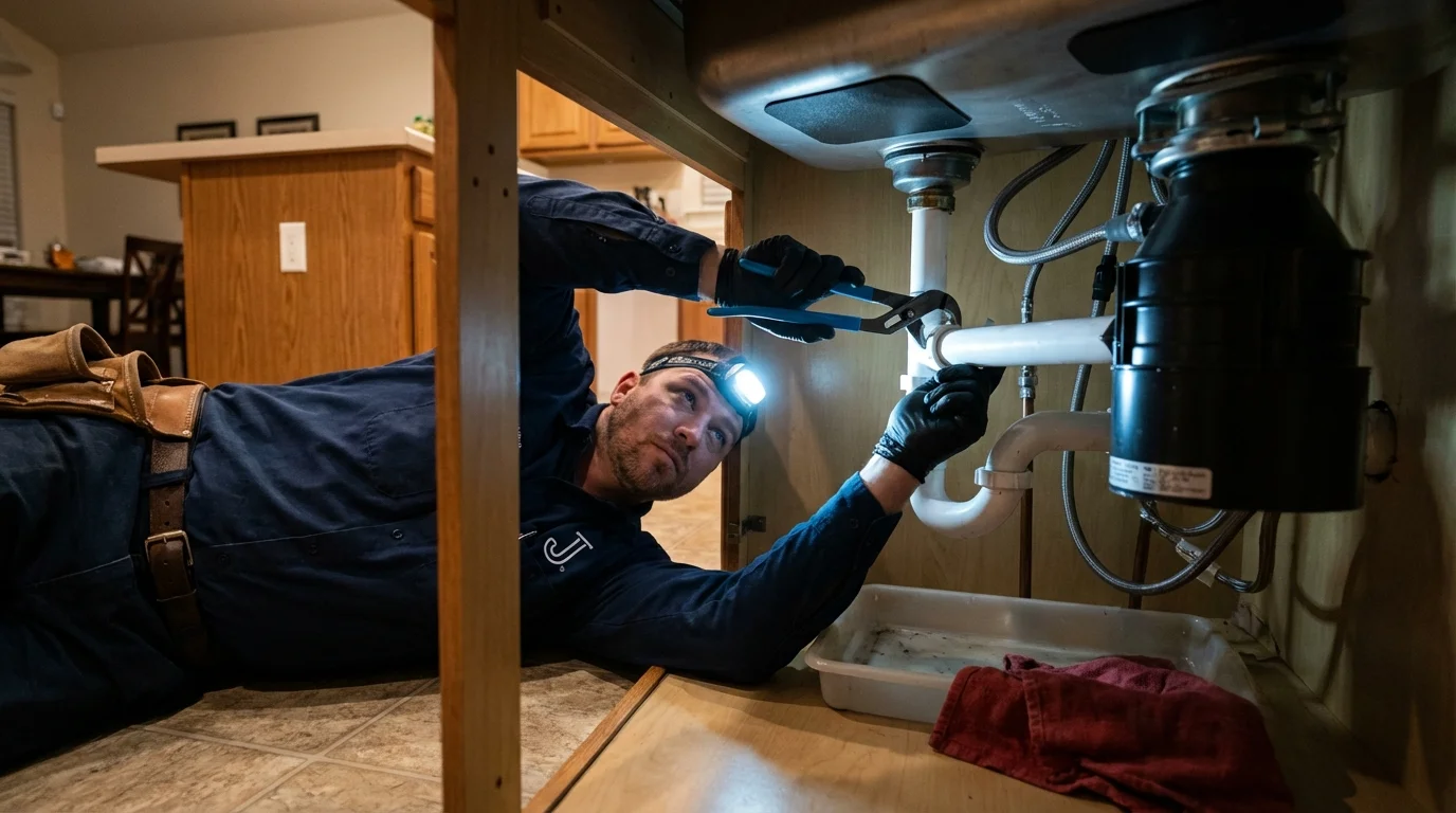 P-trap and supply line connections under a kitchen sink showing a common leak point in Bloomfield, KY